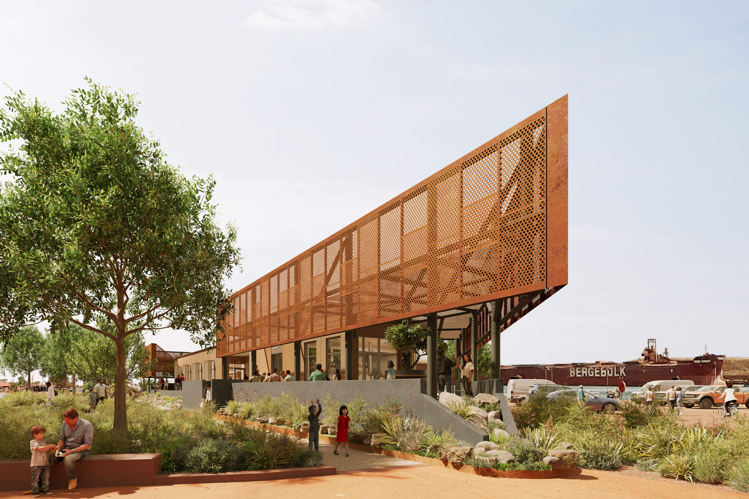 Modern building with perforated rust-colored facade near greenery and people walking, with a large cargo ship labeled 'BERGEBULK' in the background.