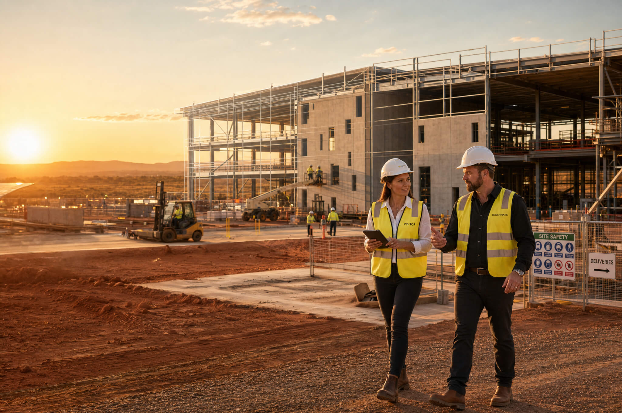 Walking through a construction site with client