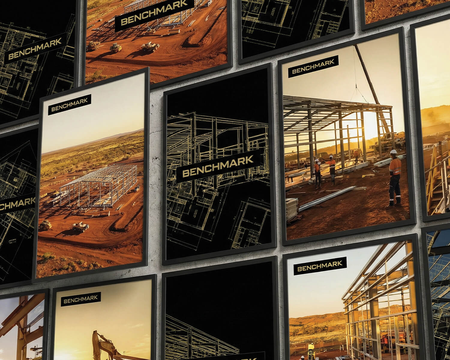 Collage of construction site photos and architectural blueprints labeled 'Benchmark' with workers assembling steel frameworks at sunset.