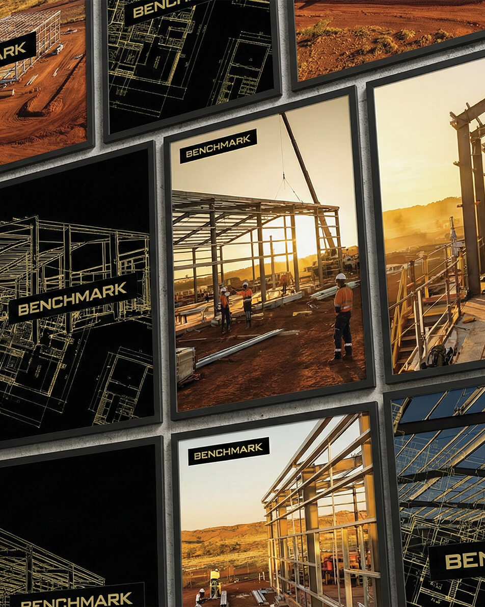 Collage of construction site photos and architectural blueprints labeled 'Benchmark' with workers assembling steel frameworks at sunset.
