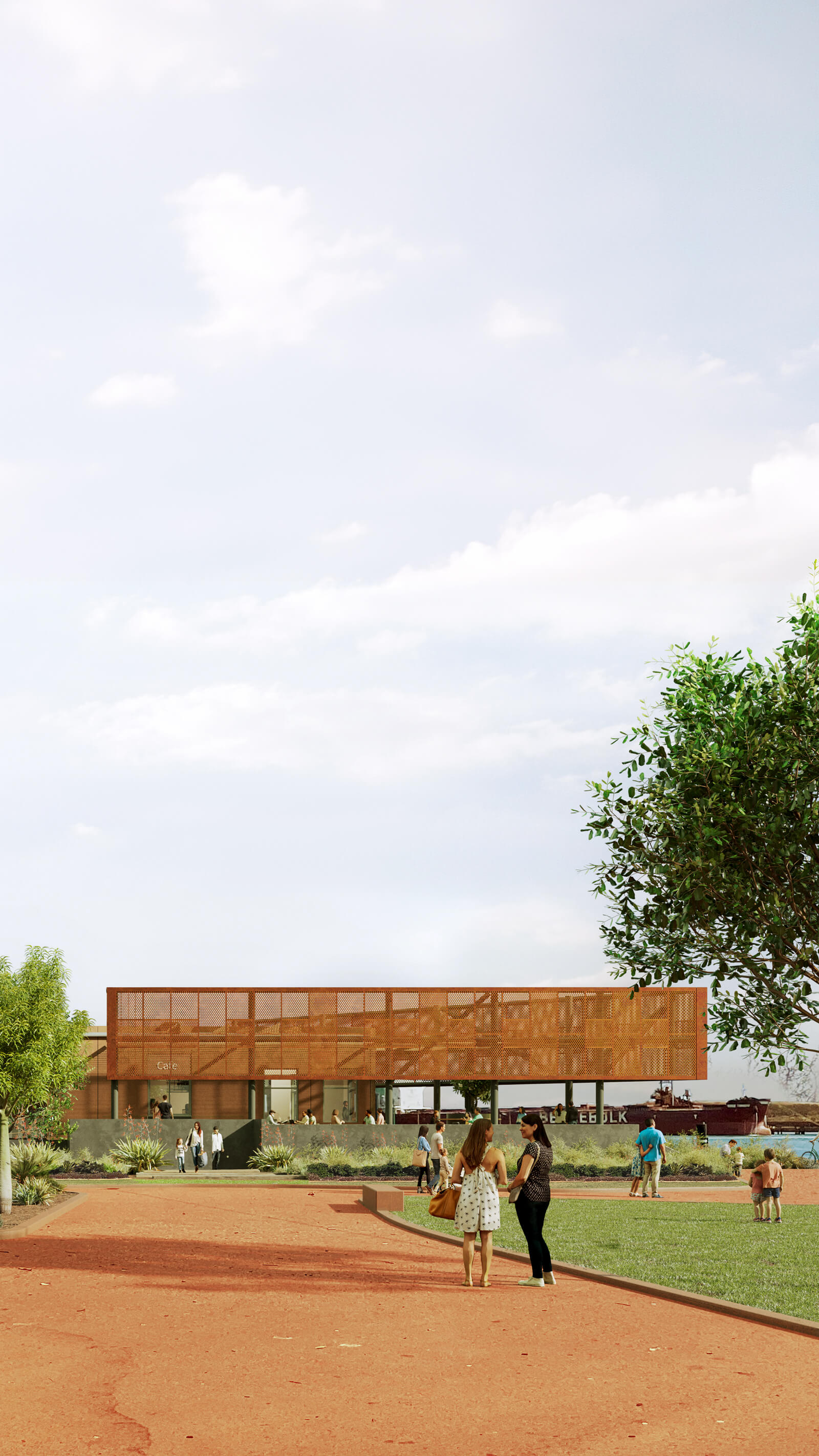 People walking and socializing in a park with a modern café building and a ship in the background near the water.