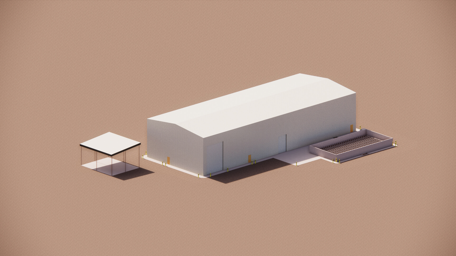Minimalist 3D rendering of a white rectangular building with a small canopy and an empty pool on a sandy surface.