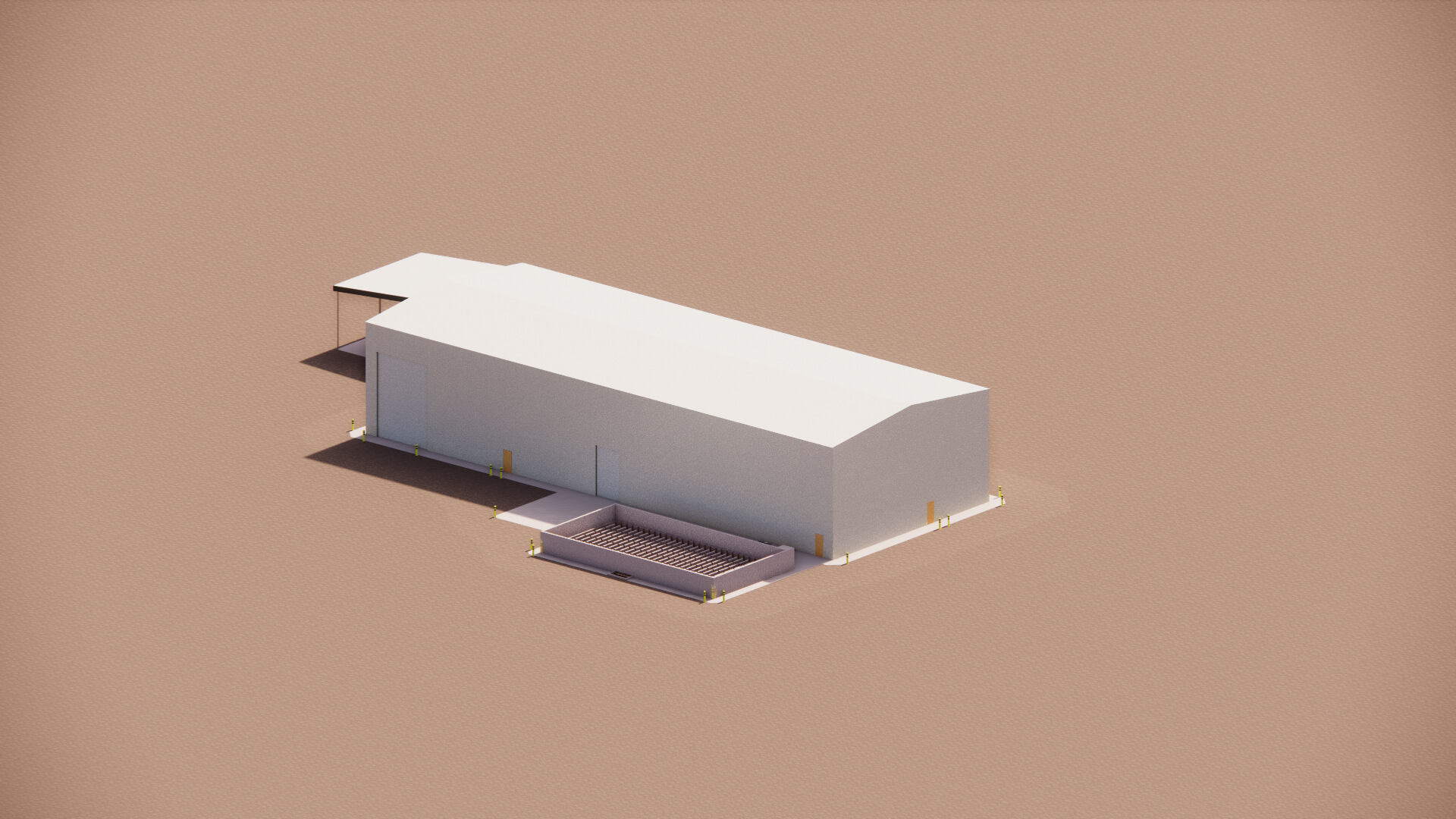 3D rendering of a white rectangular modern building on a plain brown surface with a small pool or basin.