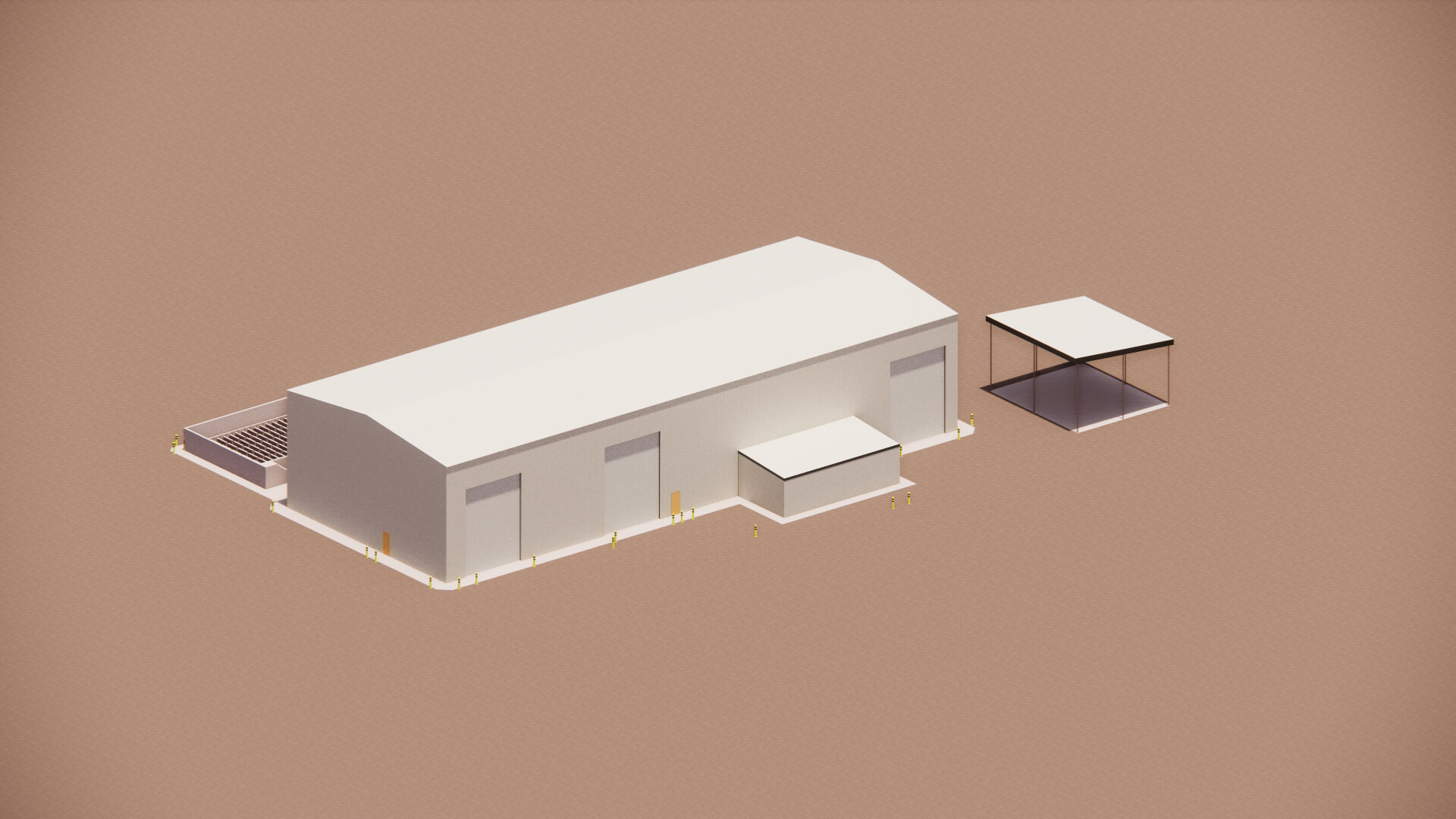 3D rendering of a beige industrial building with a smaller annex and a separate open pavilion.