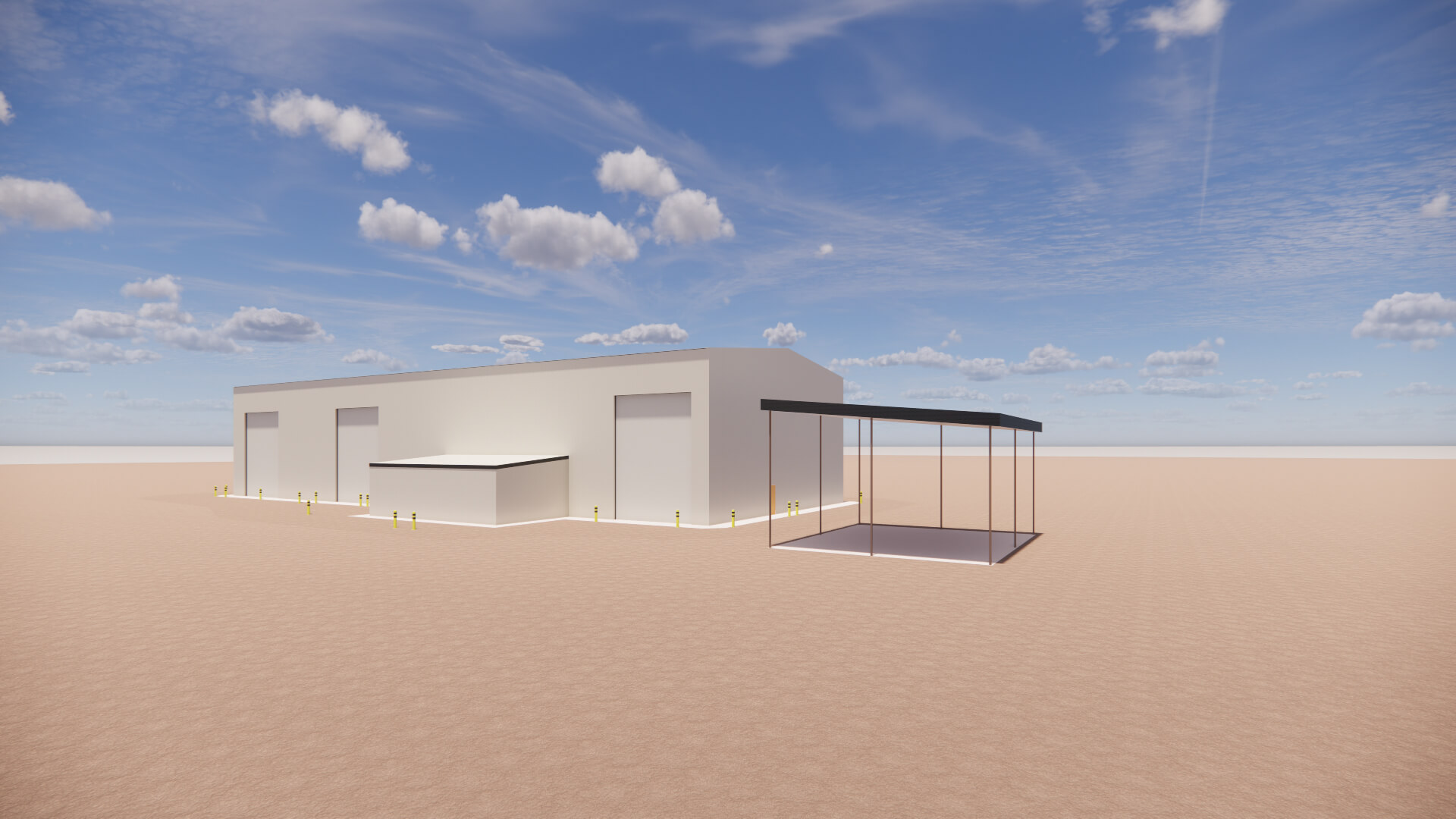 Minimalist white industrial building with a small annex and a carport in a vast sandy area under a blue sky.