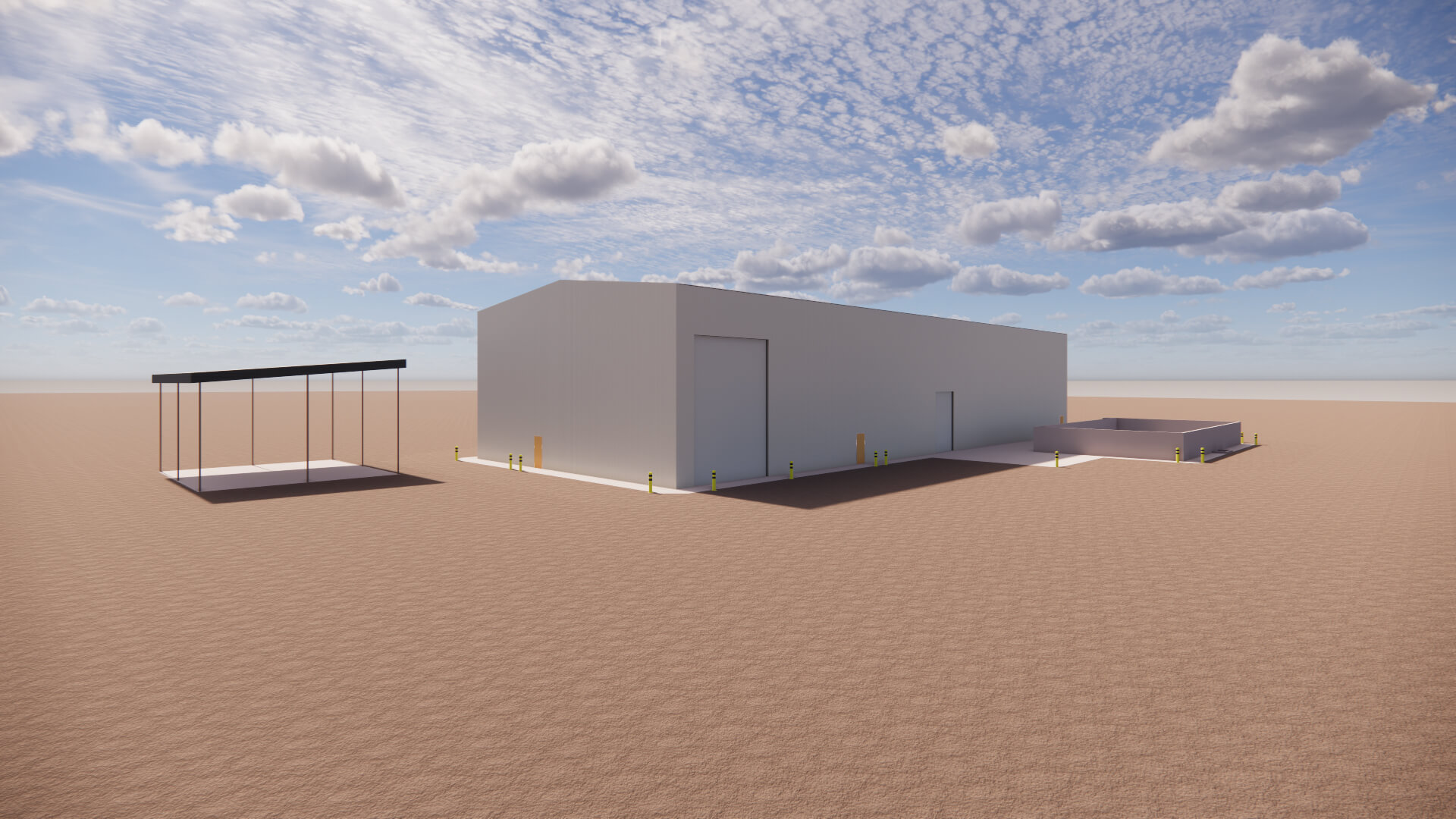 3D rendering of a large gray industrial building with an adjacent open shelter and a low surrounding wall under a cloudy sky.