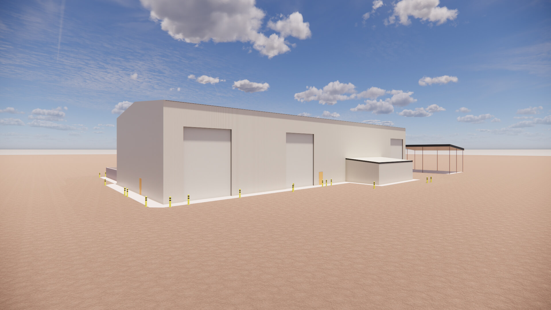 Large beige industrial building with multiple doors and a small covered area on a flat barren terrain.