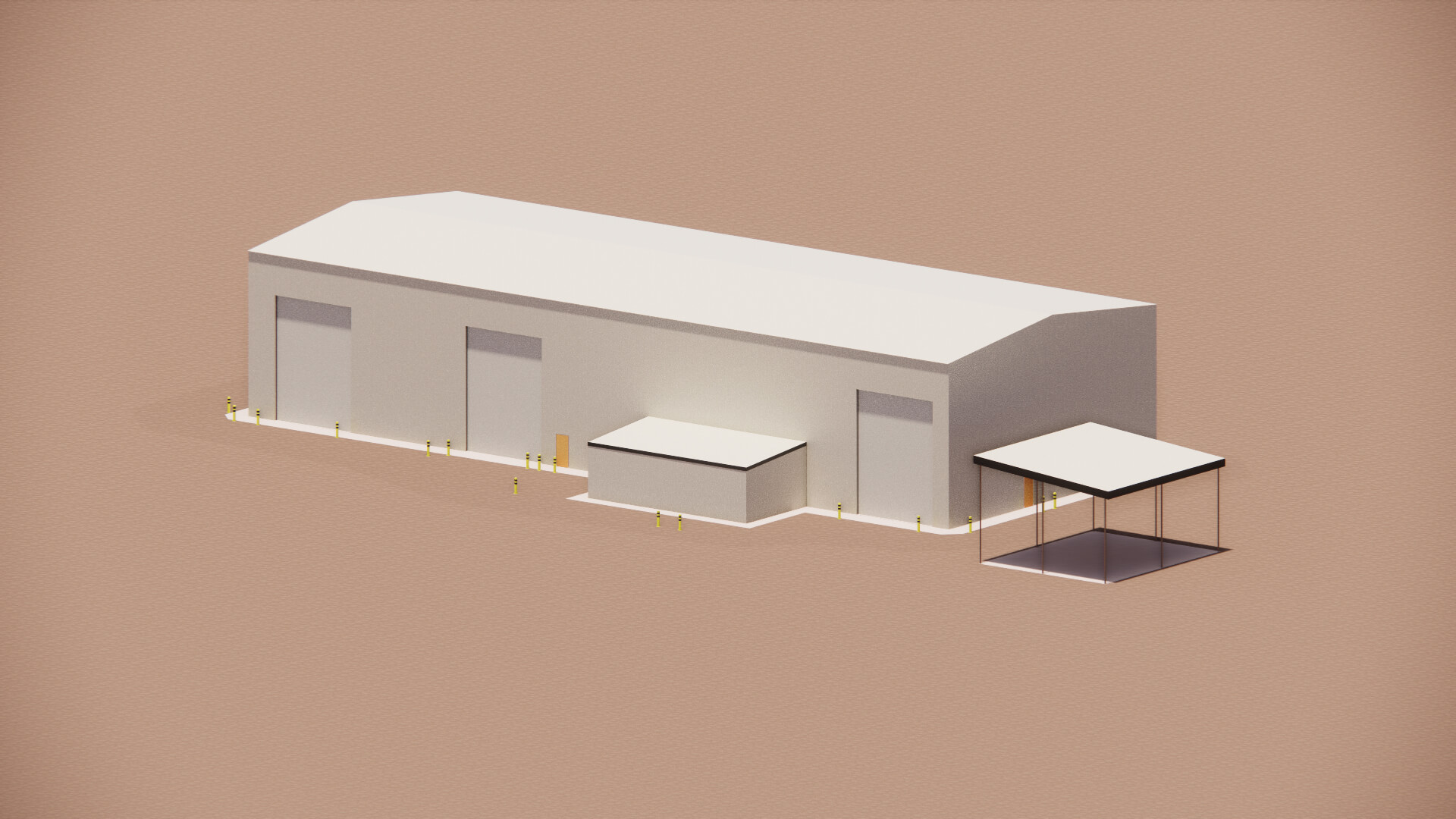 Minimalist 3D rendering of a beige warehouse-like building with three garage doors and a flat canopy extension.