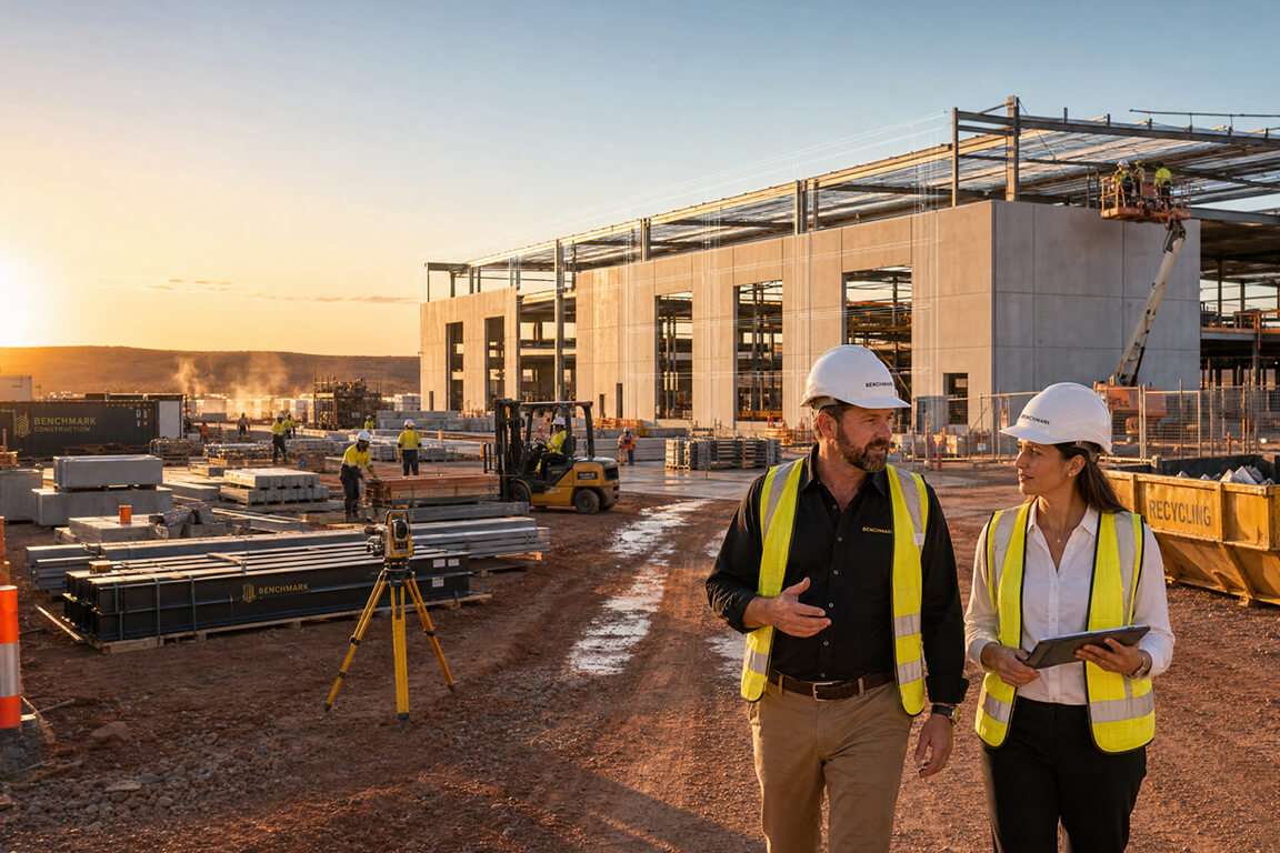 Walking through a construction site with client