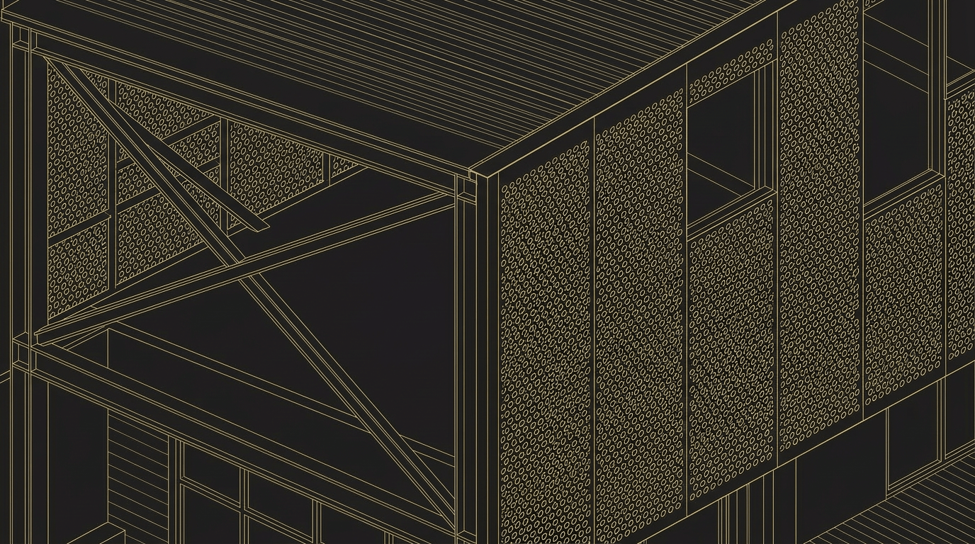 Architectural wireframe rendering of a building corner, showing structural beams and perforated panel walls.