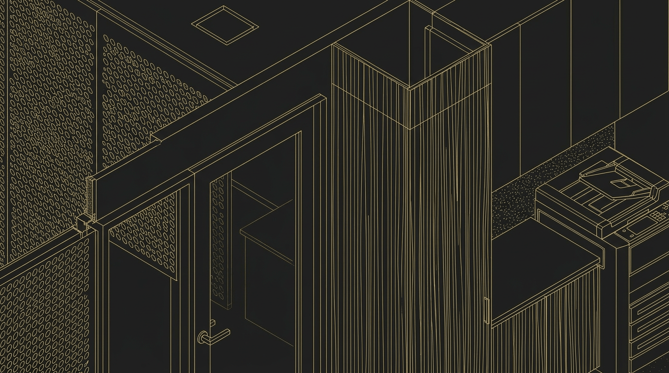 Isometric wireframe drawing of a modern office corner with a door, desk, and printer.
