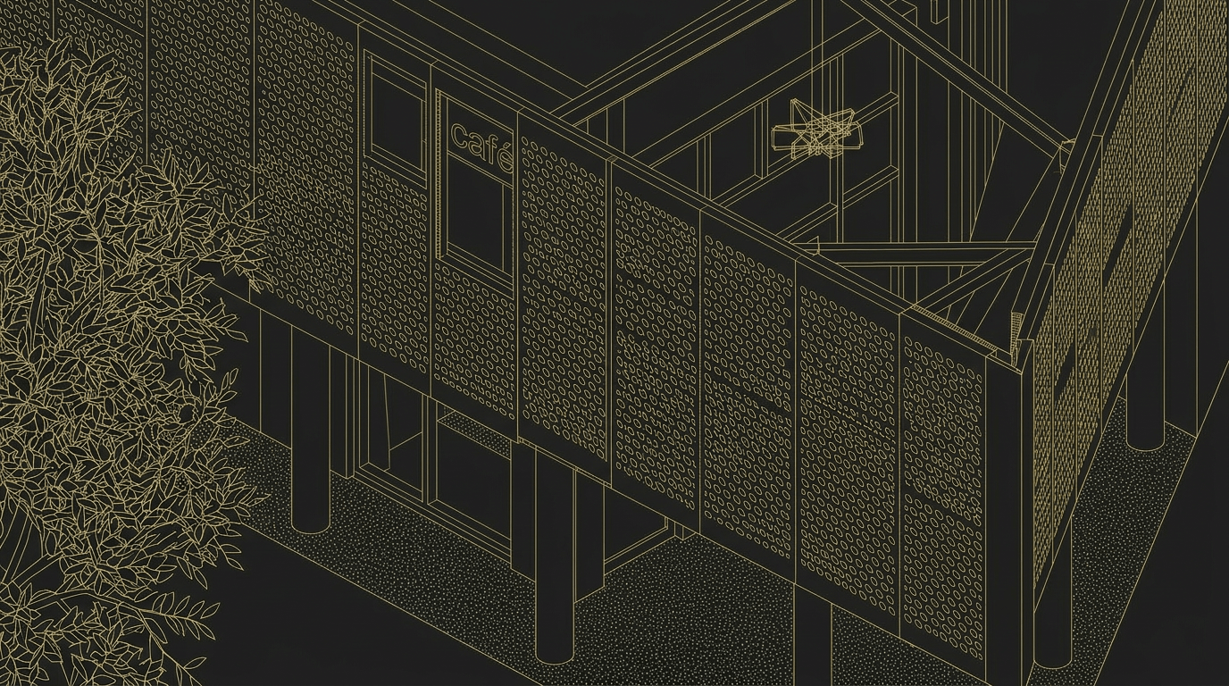 Wireframe style architectural illustration of a building exterior with perforated panel facade and a cafe sign.